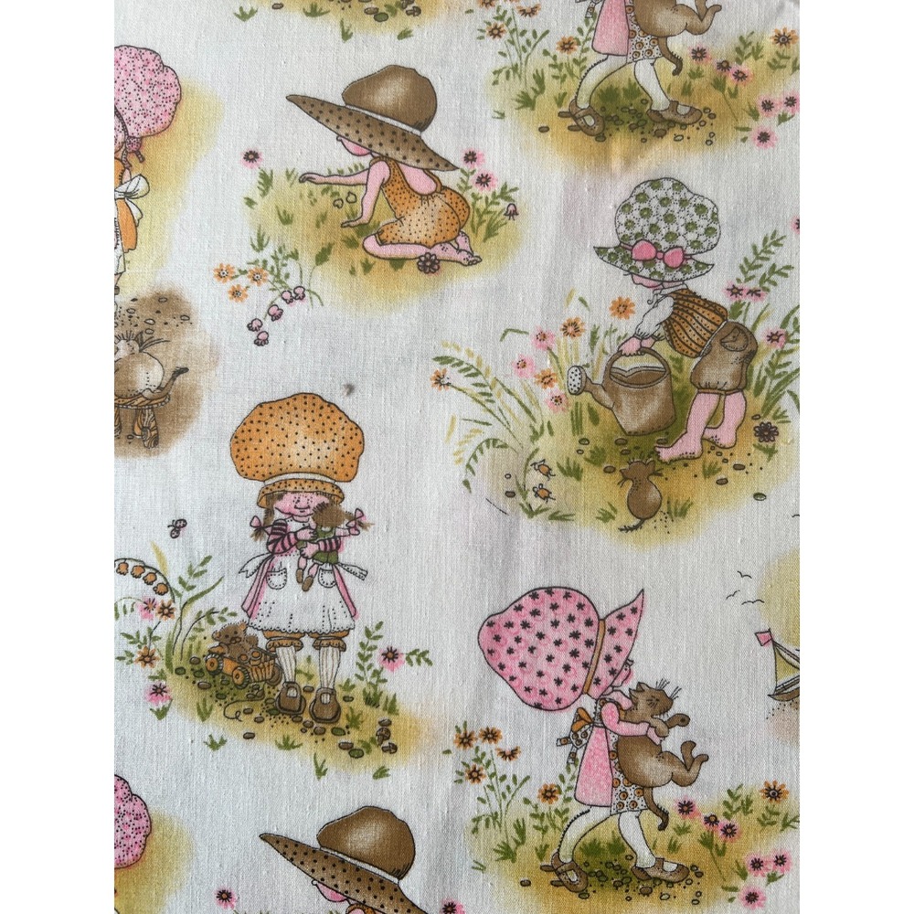 Fabric -VTG 70s 80s Holly Hobbie in Sunbonnet Playing in Gardens J. Manes Co BTY